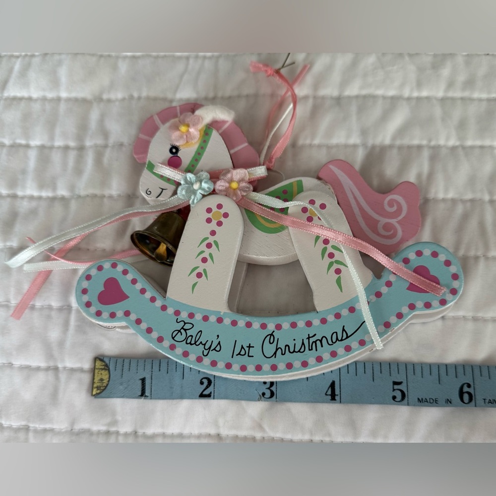 Vtg Baby’s 1st Christmas Wooden Rocking Horse with Bell and Ribbons Ornament - Picture 2 of 5